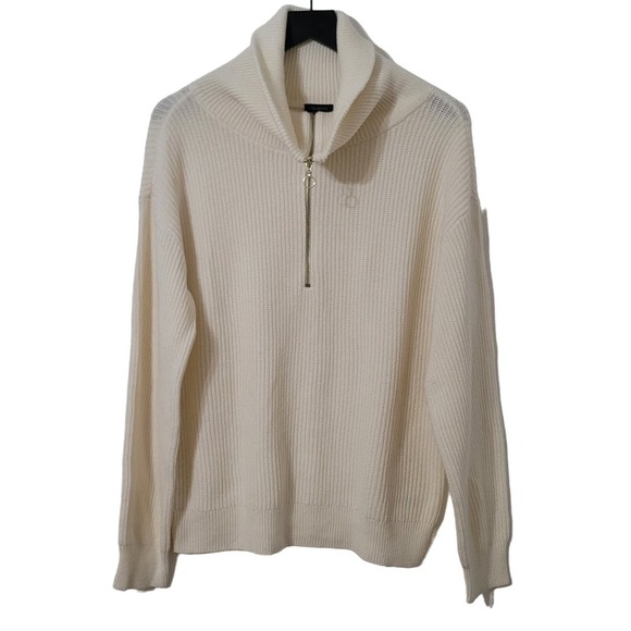 Talbots Sweater L Ivory Half Zip Wool Cotton Mock Neck Long Sleeve Neutral Basic - Picture 1 of 8